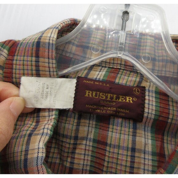 VINTAGE Rustler Shirt Large Western Pearl Snap Cowboy Plaid Rodeo USA - Picture 9 of 10